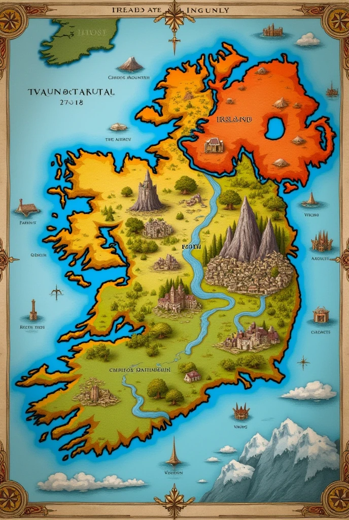 Map of Ireland in 1740, where to the south is the sub-kingdom of the fairies, north is the sub-kingdom of the gnomes, then the sub-kingdom of the Vikings and shortly after Chaos Mountain, to the east the sub-kingdom of the goblins, and to the west the sea
