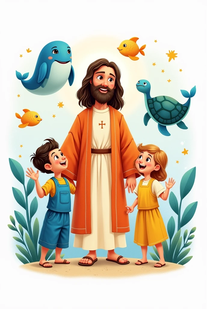 Create a print art for a children's blouse.
Add the theme "Jesus saves lives"
I want the white background.
Place these elements, Jesus dressed in salt to lives, without glasses, add fish, whale, and turtle.
Make jesus not sea, with 2 cute kids in vests Note: ELEMENTS MUST BE DRAWING.
