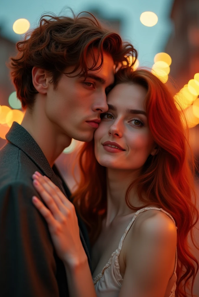 Timothé Chalamet hugging a redheaded woman, white, no freckles, with brown eyes and small lips.