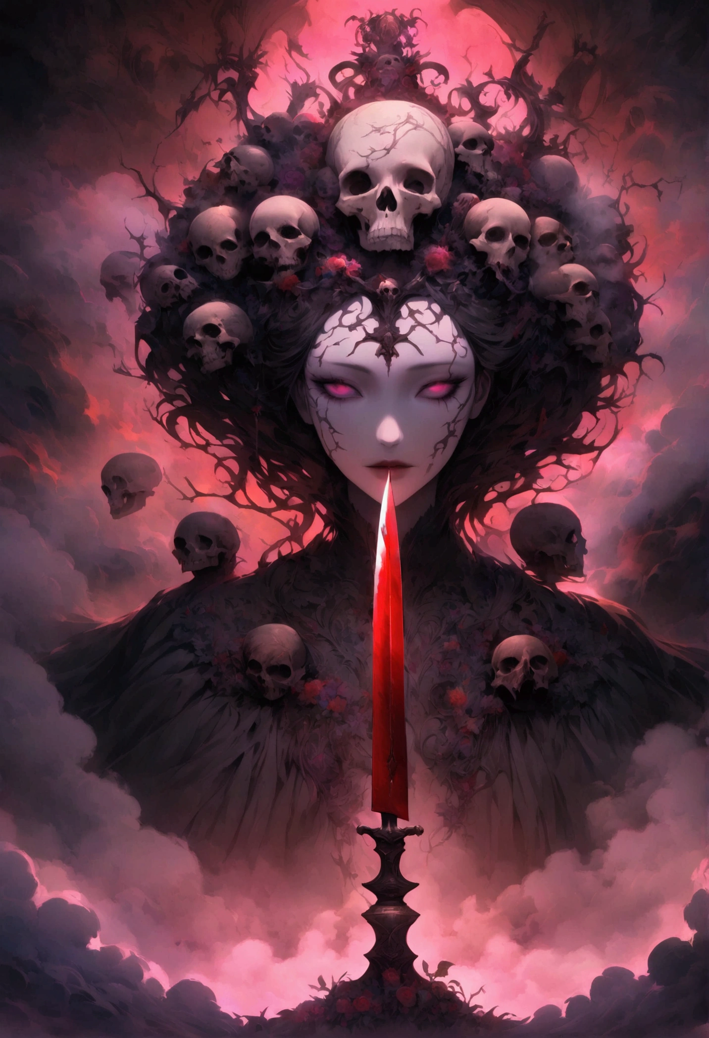 create this object, big big knife degolate that generates blood in the sharp blade, with engraved symbols of a skull in handle, with fog, with minimalist and horror features