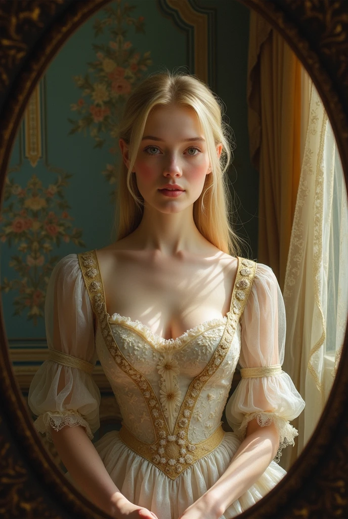 Oval portrait of a woman with a straight blonde man's haircut wearing 19th century clothing