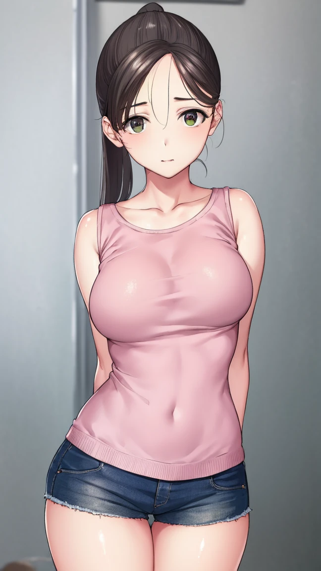 akaneyoshizawa, akane yoshizawa, black hair, ponytail, (green eyes:1.5), swept bangs, long hair,
BREAK wearing (pink bra), cardigan, short shorts,
BREAK indoors, classroom,
BREAK looking at viewer, (cowboy shot:1.5),standing, leaning forward, arms behind back
BREAK (masterpiece:1.2), best quality, high resolution,NSFW ,unity 8k wallpaper, (illustration:0.8), (beautiful detailed eyes:1.6), extremely detailed face, perfect lighting, extremely detailed CG, (perfect hands, perfect anatomy), showing breasts, exposing breasts, nipple, nfsw, erotic, lewd, horny