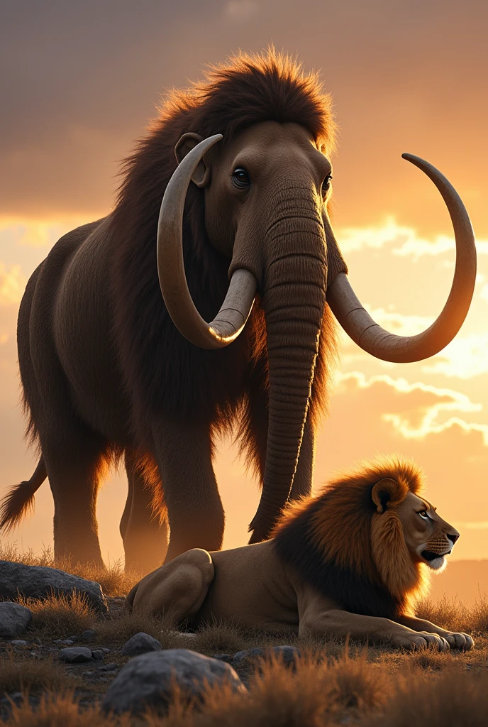 Mammoth standing over a dead lion one foot on the lion