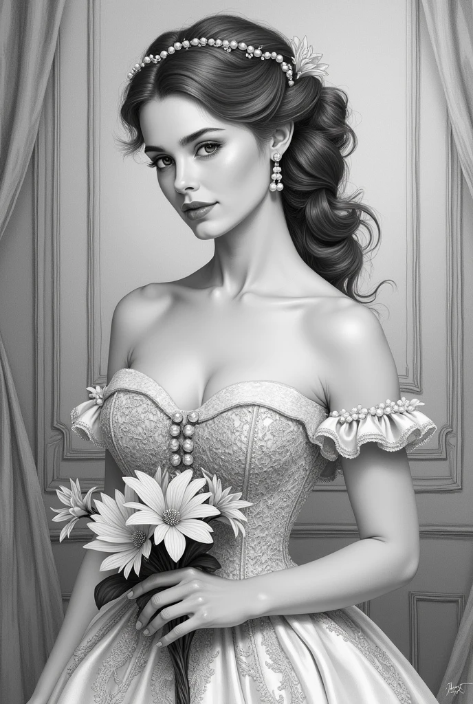 Hand draw in graphite a portrait of a slim, muscular 30-year-old princess in Victorian style, with an elegant hairstyle and a detailed strapless dress. She must be holding a bouquet of delicate flowers, with a serene and graceful expression. The image should capture the essence of a delicate female figure, but one that exudes a powerful and dignified presence.