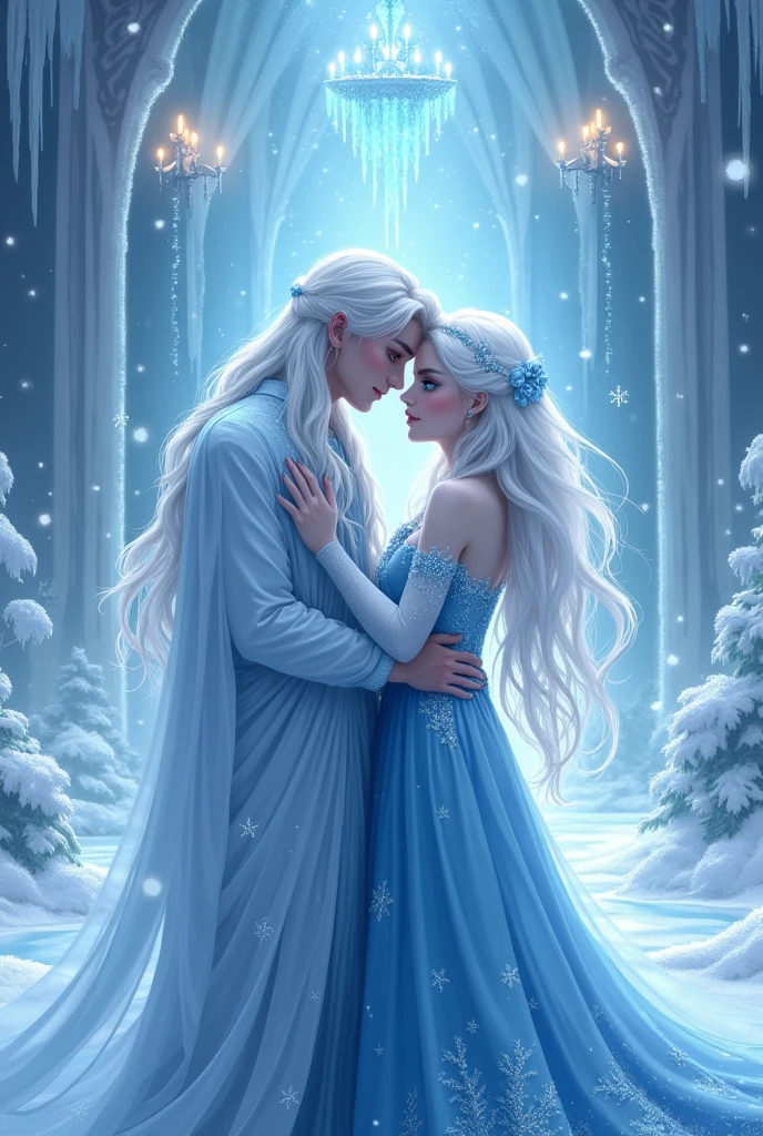Kizi, very white with dark blue eyes, long white hair, she is dressed in a blue princess outfit, she is in the palace where the ice element, ela está abraçando seu irmão que tem o long white hair, dress light clothes, he is emanating ice power around