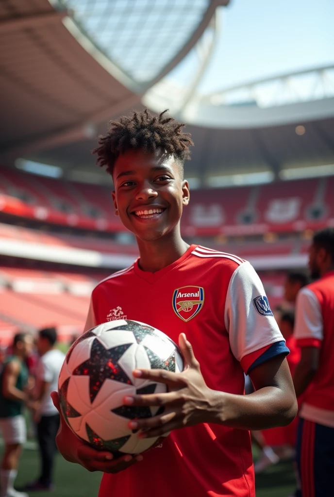 Make a picture of a teenage Arsenal fan holding a Champions League ball inside Arsenal stadium, put melanin in it, and do the taper cut phase, and that he has short curly hair with bangs, Make him more beautiful, make your hair more curly, give it an American cut, Make him more beautiful e faça um corte taper fade nele , Make him smile, make your hair more curly