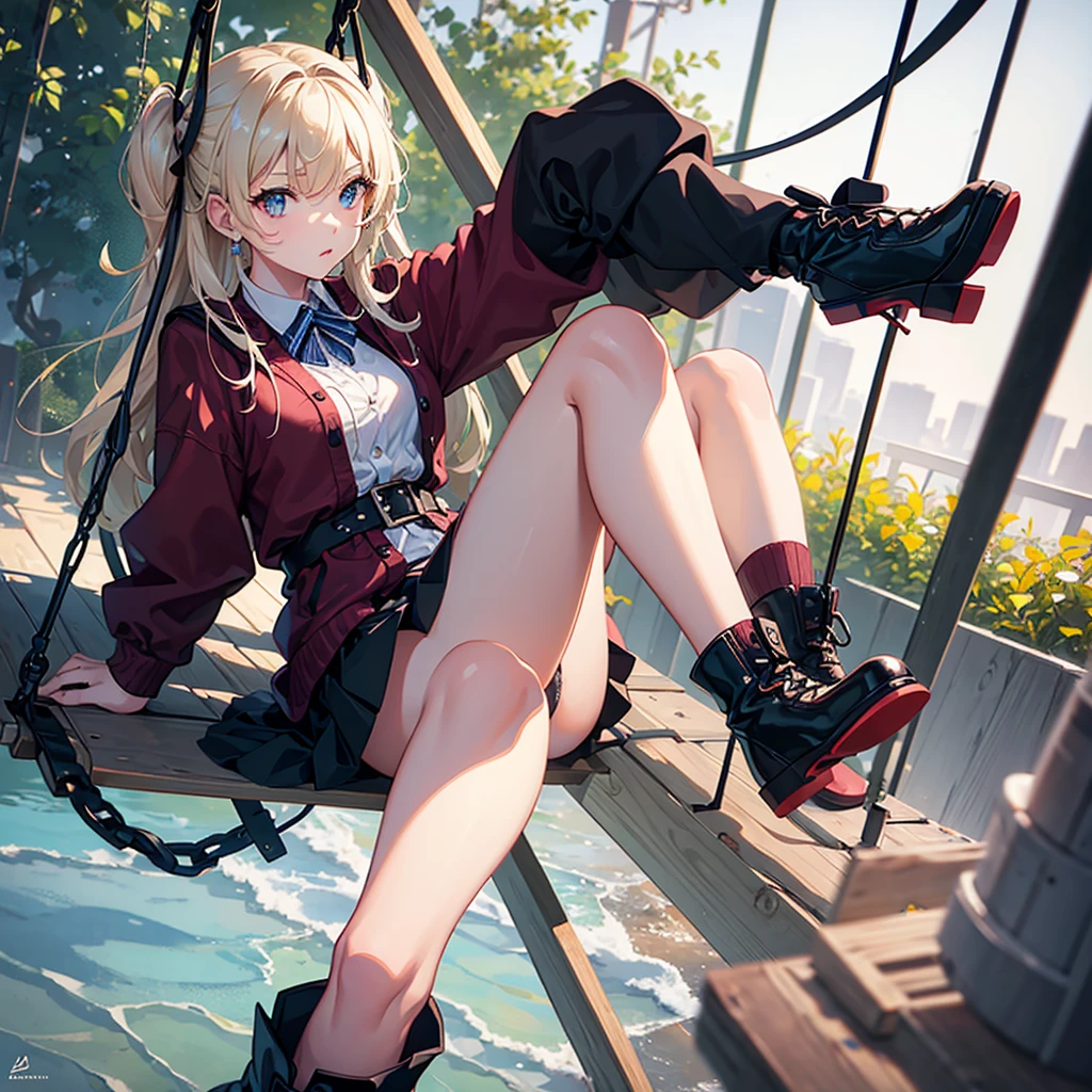 A girl is sitting on a swing, with legs spread, in a short skirt and flashing her panties, with a perfect body, ultra-detailed, realistically