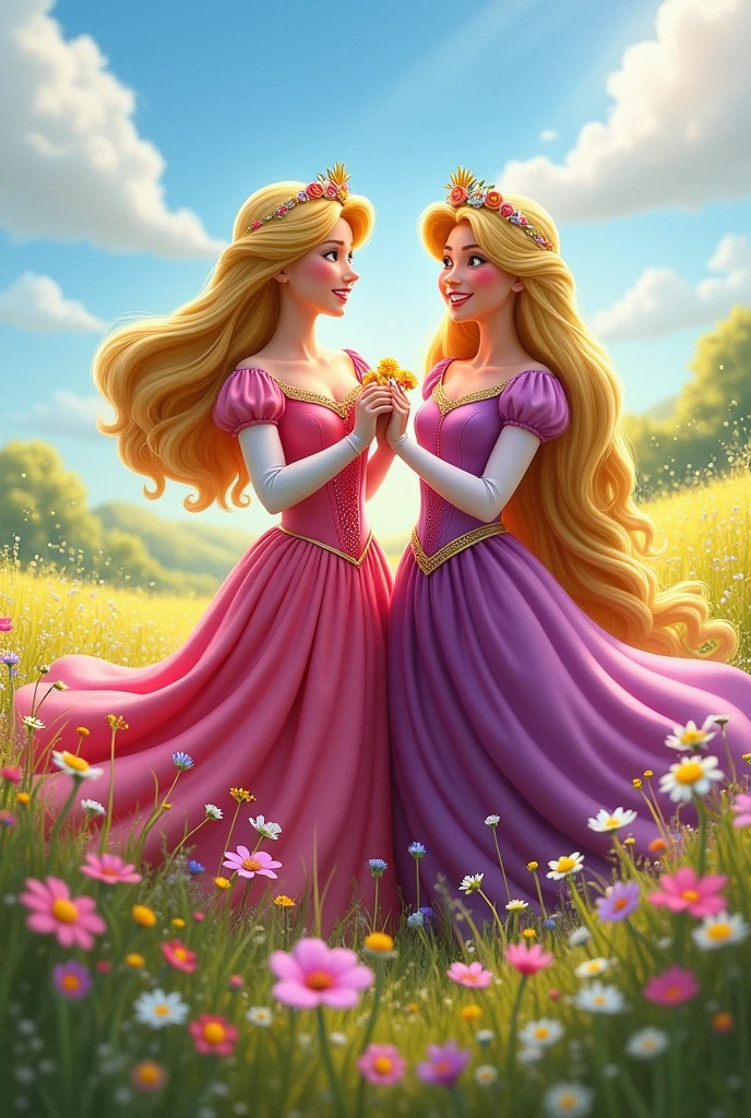 Aurora collecting flowers with Rapunzel