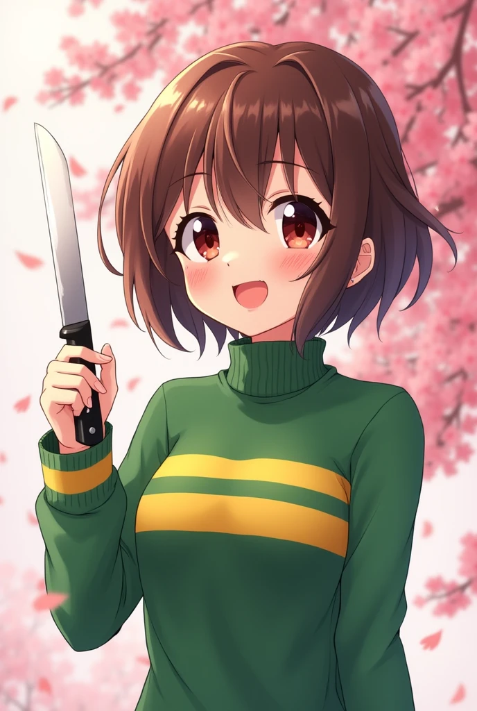 an anime girl with dark red eyes and short brown bob hair wearing a green turtleneck with two horizontal yellow stripes on her chest of her turtleneck sweater holding a knife while doing a cute pose
