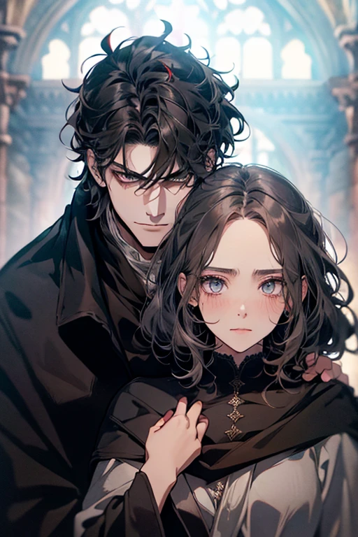 High quality masterpiece, super detailed, super emotion detailed, castle with grass, cold colours dramatic lighting, movie scene, anime style, perfect face, clean eyes, Middle Ages, clean emotions, full body! A cold mean man with black short curly hair, in expensive black Loose robe, with gray shining eyes, he is dark lord, he is cool. He is looking with warm smile to his adult daughter who also has black hair. super quality, 4K, clean eyes, super quality ever! detailed emotions! dark fantasy!, middle ages! They look happy, clear eyes, he is with his adult daughter!!!!!