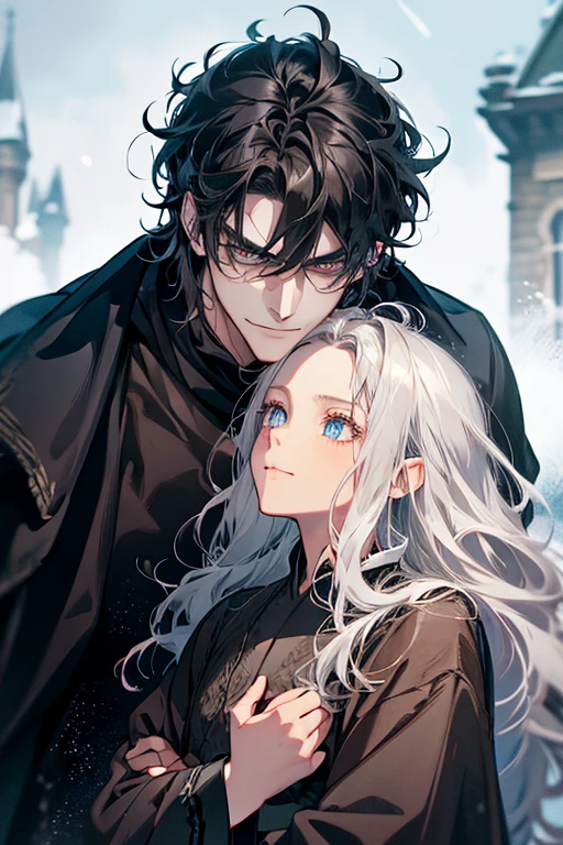 High quality masterpiece, super detailed, super emotion detailed, castle with grass, cold colours dramatic lighting, movie scene, anime style, perfect face, clean eyes, Middle Ages, clean emotions, full body! A cold mean man with black short curly hair, in expensive black Loose robe, with gray shining eyes, he is dark lord, he is cool. He is looking with warm smile to his adult daughter who also has black hair. super quality, 4K, clean eyes, super quality ever! detailed emotions! dark fantasy!, middle ages! They look happy, clear eyes, he is with his adult daughter!!!!!