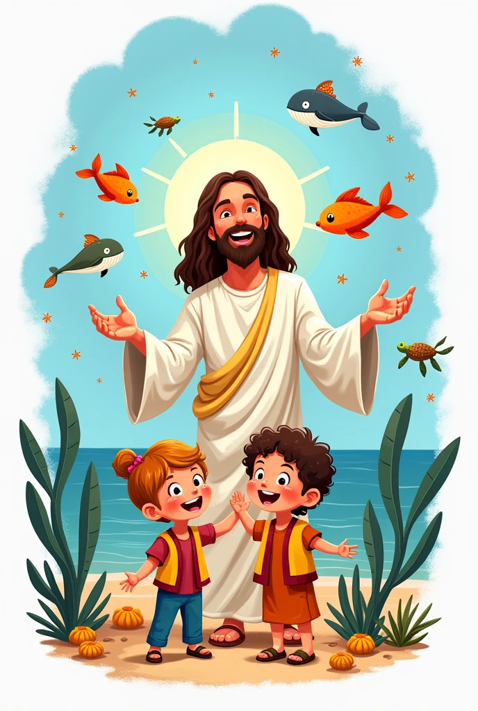 Create a print art for a children's blouse.
Add the theme "Jesus saves lives"
I want the white background.
Place these elements, Jesus dressed in salt to lives, without glasses, add fish, whale, and turtle.
Make jesus not sea, with 2 cute kids in vests Note: ELEMENTS MUST BE DRAWING.