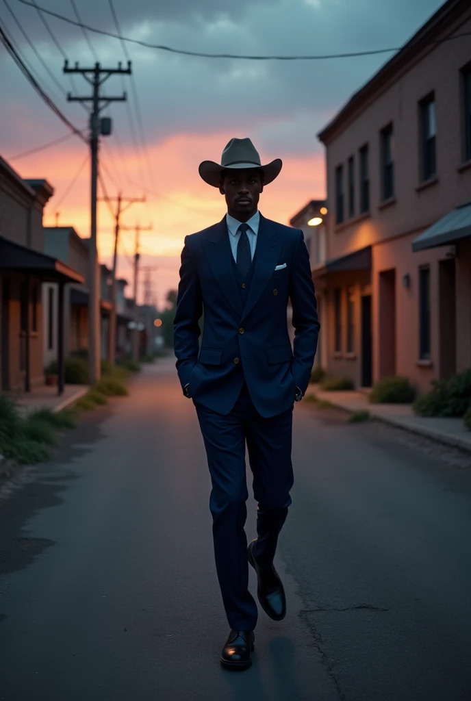 HD picture of black gentleman dresed in blue suits and with cowboy hat, walking down a lonely street in the evening, he is wearing black shoes 