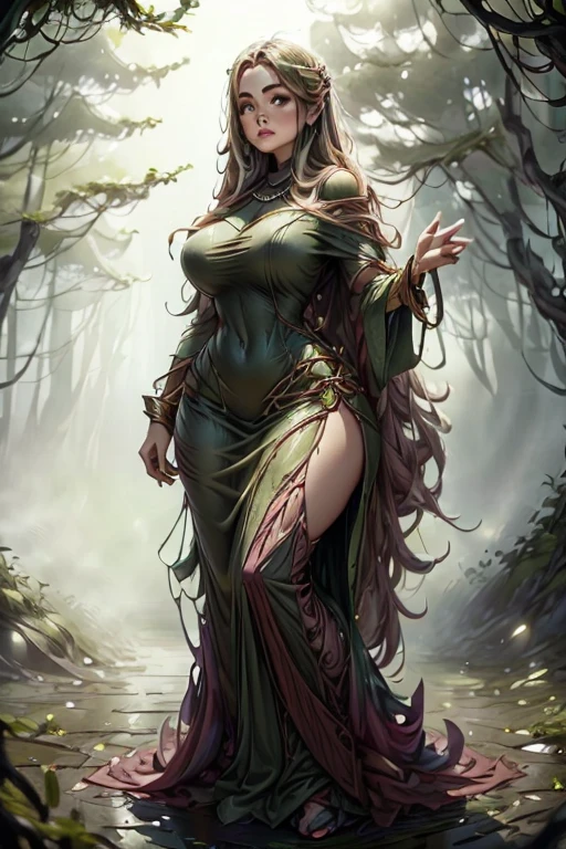 Beautiful Irish sorceress, large breasts, wide and very curved hips; penetrating but nobke look; long dress in shades of green; jewelry made of rubies, emeralds, topazes and pearls; in the middle of a forest at dusk, while the fog appears around; cinematographic image; masterpiece; UHD