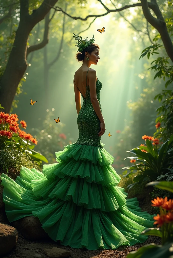 SeaArt Bot Txt2Img Studio Fantasy dress for a queen alluding to the department of Boyaca Colombia with green orchids and attached to the body and with butterflies, that it is also a representative handicraft from Boyaca, Colombia with a mermaid cut