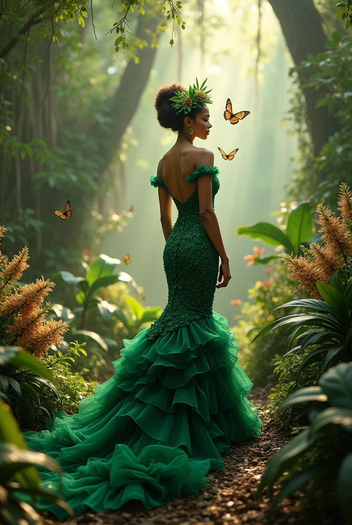 SeaArt Bot Txt2Img Studio Fantasy dress for a queen alluding to the department of Boyaca Colombia with green orchids and attached to the body and with butterflies, that it is also a representative handicraft from Boyaca, Colombia with a mermaid cut