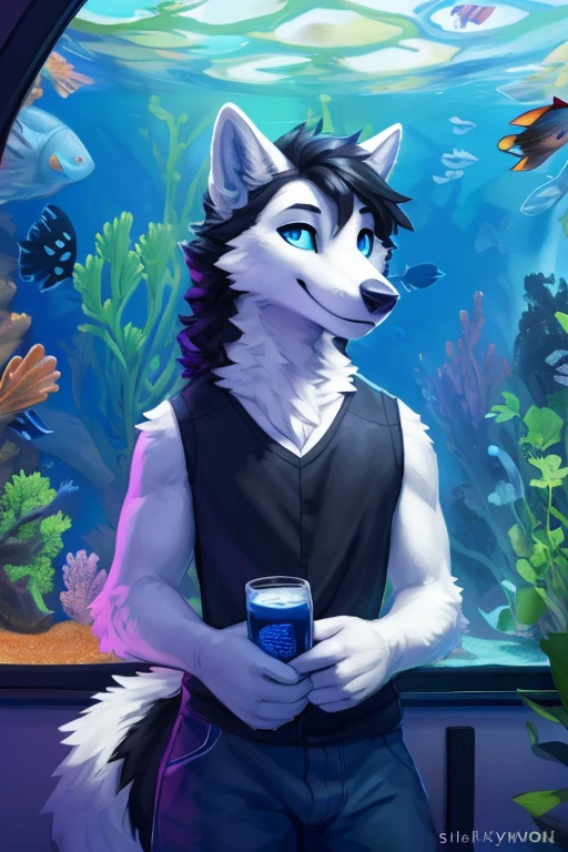 (((, in front of a aquarium fish tank, inside a aquarium, Atlas a white Wolf with blue eyes and nose and black hair An artwork,))), big chest wearing clothing , day, , sensual, detailed, uploaded to e621, beautiful and detailed portrait of an anthropomorphic , (((male))) uploaded to e621, zaush, foxovh, movie lighting, thicc, alone, movie cover, detailed, 8k res, hires, detailed eyes, good anatomy, good perspective, towards viewer, by bebebebebe, by sicklyhypnos, by gerkk, by orf, nice hands, perfect hands, happy, romantic, ray tracing lighting, rtx on