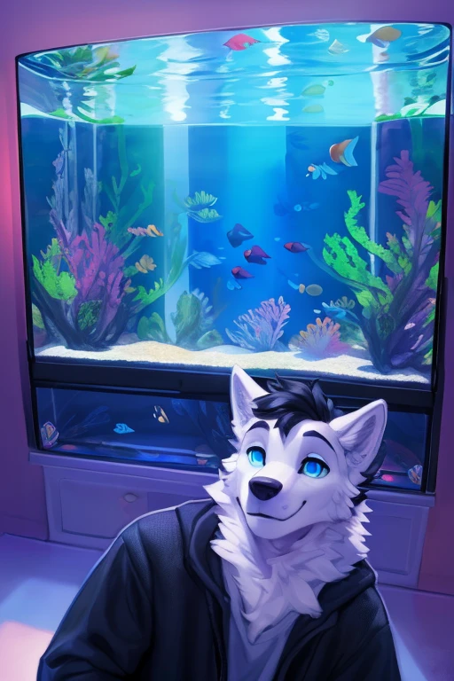 (((, in front of a aquarium fish tank, inside a aquarium, Atlas a white Wolf with blue eyes and nose and black hair An artwork,))), big chest wearing clothing , day, , sensual, detailed, uploaded to e621, beautiful and detailed portrait of an anthropomorphic , (((male))) uploaded to e621, zaush, foxovh, movie lighting, thicc, alone, movie cover, detailed, 8k res, hires, detailed eyes, good anatomy, good perspective, towards viewer, by bebebebebe, by sicklyhypnos, by gerkk, by orf, nice hands, perfect hands, happy, romantic, ray tracing lighting, rtx on