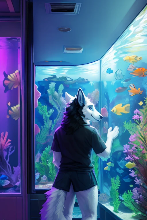 (((, in front of a aquarium fish tank, inside a aquarium, Atlas a white Wolf with blue eyes and nose and black hair An artwork,))), big chest wearing clothing , day, , sensual, detailed, uploaded to e621, beautiful and detailed portrait of an anthropomorphic , (((male))) uploaded to e621, zaush, foxovh, movie lighting, thicc, alone, movie cover, detailed, 8k res, hires, detailed eyes, good anatomy, good perspective, towards viewer, by bebebebebe, by sicklyhypnos, by gerkk, by orf, nice hands, perfect hands, happy, romantic, ray tracing lighting, rtx on