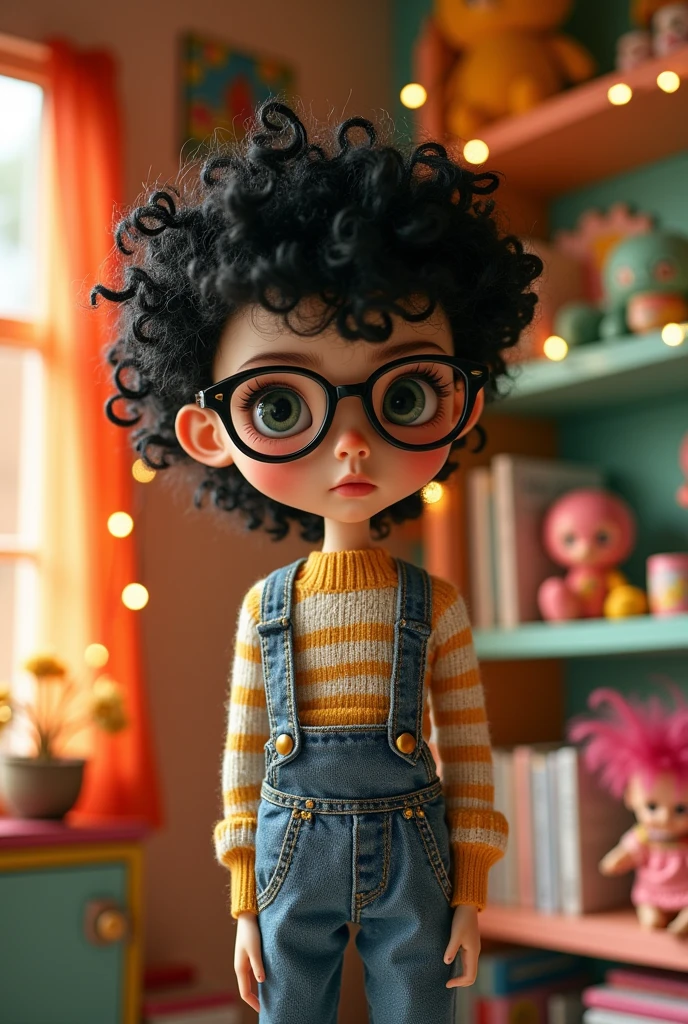 generate the image of a blythe doll with masculine features, skin fair, but brownish, curly black hair and bangs, long nose