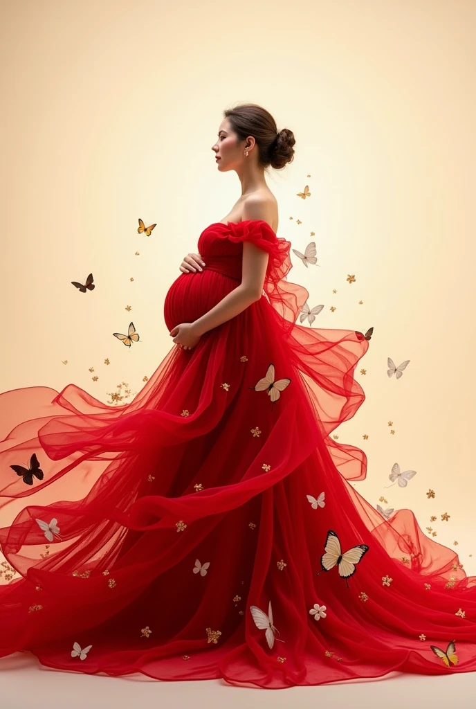 Realistic butterflies and flowers on pregnant woman's  red dress , full body, swirling, multi layered flying gown,  indoor photo, cream background without face change