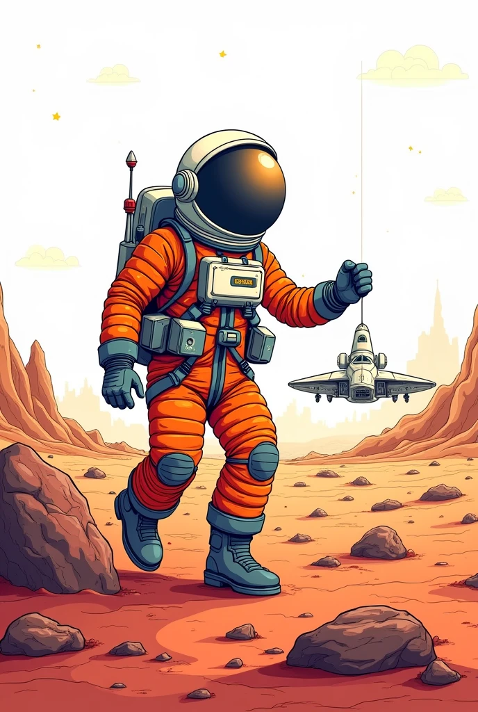 image for coloring book with white background, an astronaut walking on Mars, behind a spaceship