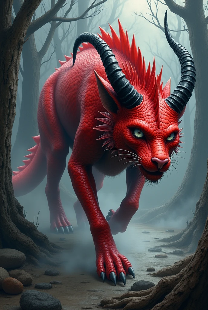 Draw a red cat dragon with black goat horns × dark unicorn horn and zombie in pencil