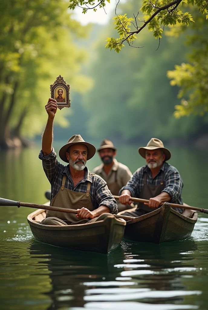 Drawing of 3 men in 2 rowing boats on a river, one of them holds in his hands the image of a saint found in the river.