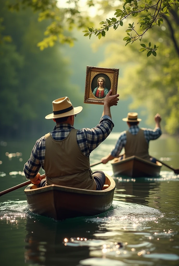 Drawing of 3 men in 2 rowing boats on a river, one of them holds in his hands the image of a saint found in the river.