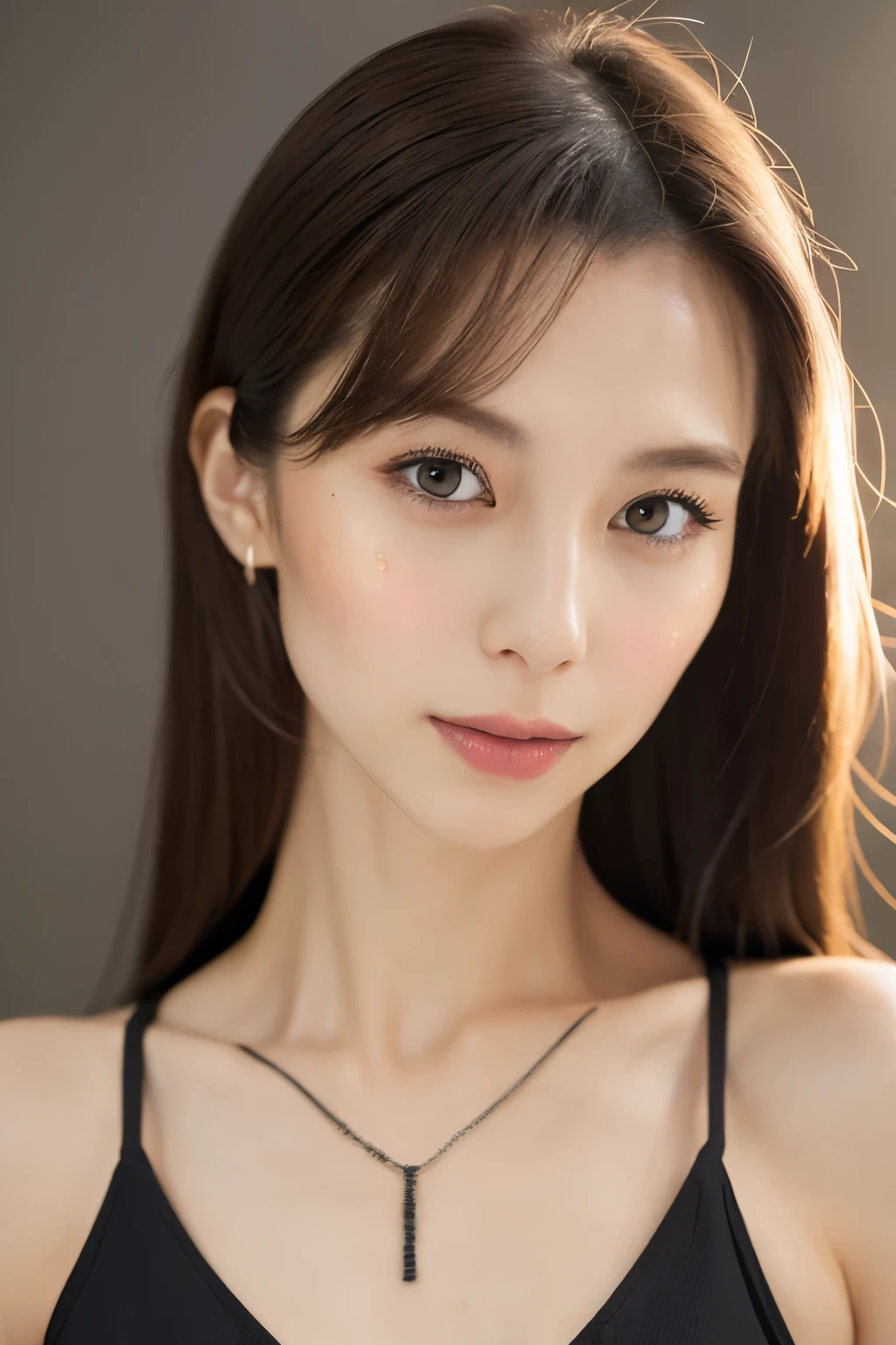 Skinny Japanese woman, Dressed, small head, cute face, detailed face, detailed eyes, (photographrealistic:1.4), (Hyper realistic:1.4), (Realistic:1.3), (Smoother lighting:1.05), (increase cinematic lighting quality:0.9), 32K, 1girl in, 30-years old, Realistic lighting, Backlighting, Light on Face, raytrace, (Brightening light:1.2), (Increase quality:1.4), (Top quality real texture skins:1.4), Black underwear, a necklace, Very thin waist, slender legs, (Increase body line mood:1.1), (Increase the beauty of skin texture:1.1)