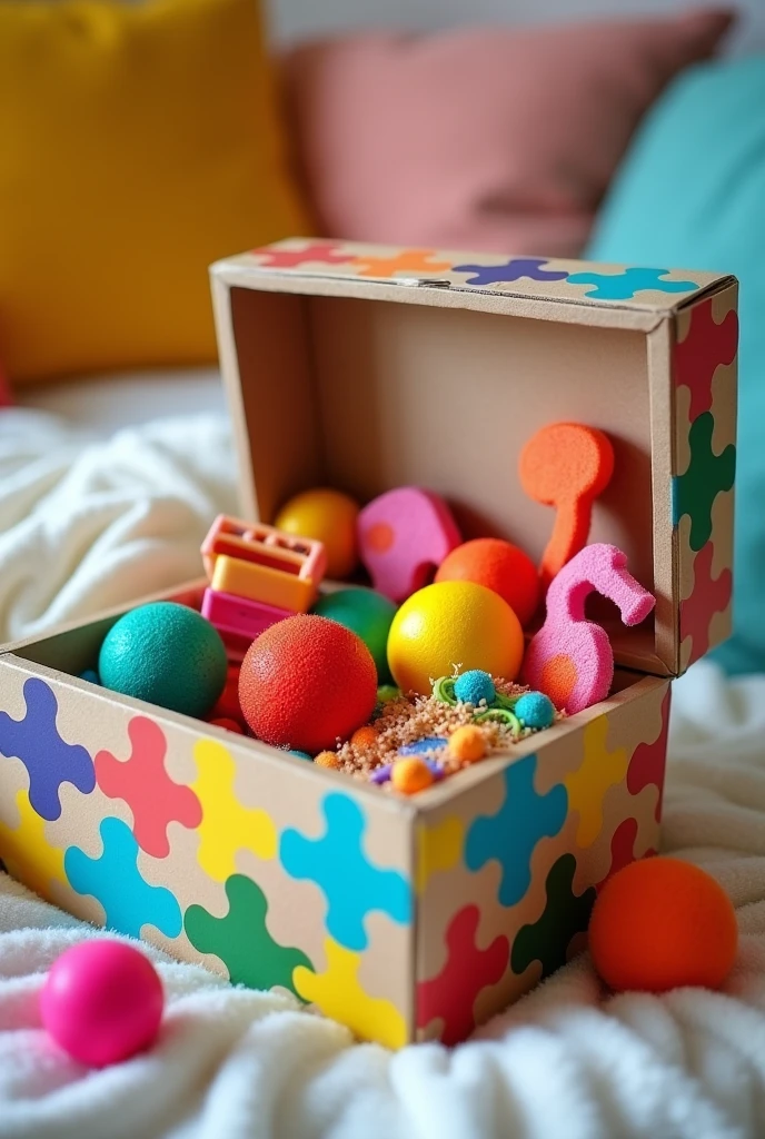 Create a box with sensory toys for autistic people , with puzzle print  