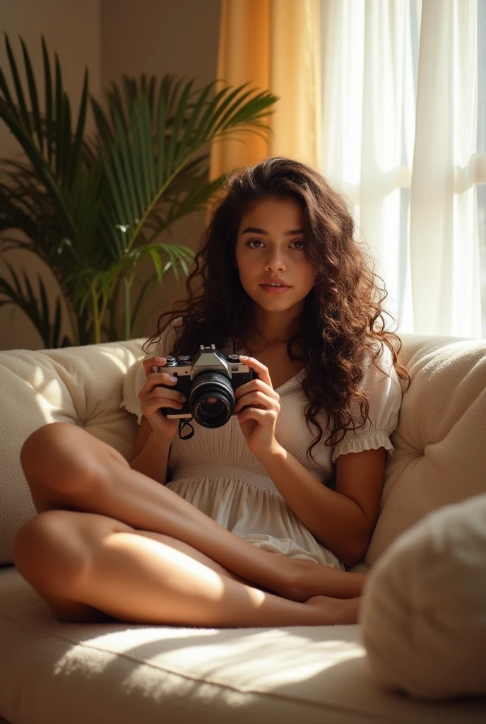 A brunette girl with curly hair and big breasts sits with her legs stretched out, taking a realistic photo