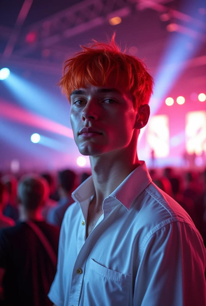 Red-haired man with short straight hair posing in front and in the background a show taking place 
