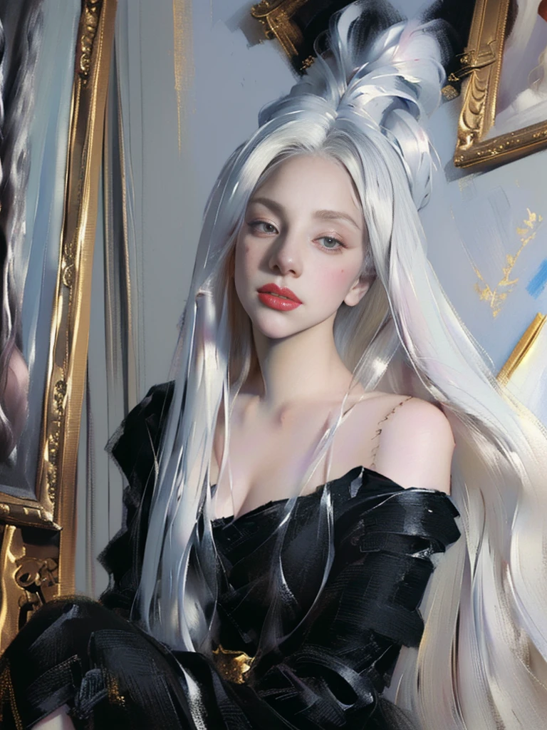 painting of a woman with long blonde hair and a black top, portrait of lady gaga, oil painting of realistic woman, girl with white hair, portrait of a blonde woman, side profile painted portrait, painted in acrylic, painting of a woman, by Whitney Sherman, side - profile painted portrait, oil painting on matte canvas, by Maggie Hamilton, beautiful portrait oil painting