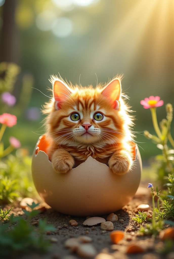 Orange cat hatching from a chicken egg