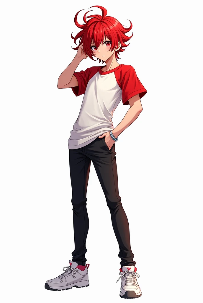 Create a male anime character with fiery red hair, red eyes, fair skin, a shirt with a white bottom, a red top and red sleeves, black pants and white shoes, and a white background.