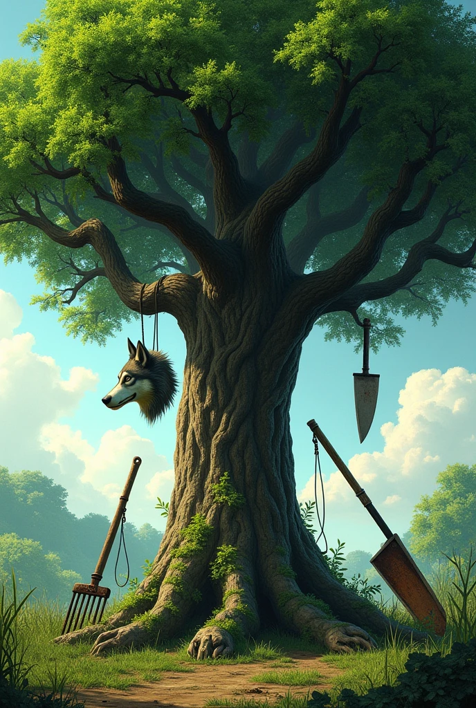 A green, leafy tree with a wolf's head hanging from it. On the left side, there is a rake and a shovel. On the right side, there is a machete and a brush cutter."