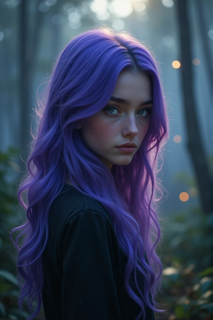 A girl with purple hair, gray eyes, a mysterious supernatural look, plump and golden lips 