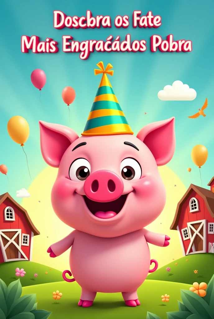 Create an eye-catching cover for my YouTube video. It's about fun facts about pigs.. The name of the channel is ABC da Fazendinha. It is intended for children. The title of the video is: Discover the Funniest Facts About Pigs. The description must be in Brazilian Portuguese. Try again. There are spelling mistakes.