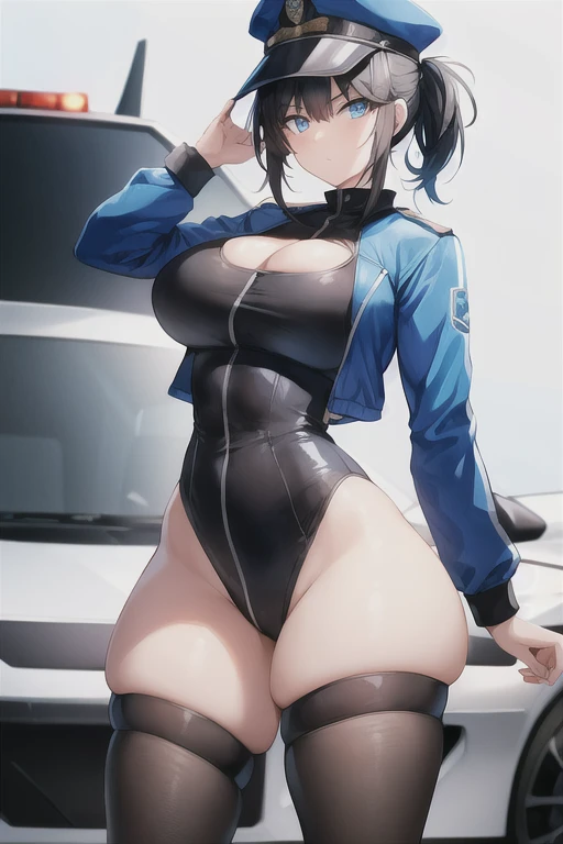 1girl, black hair, short hair, ponytail, long ponytail, blue eyes, large breasts, thick thighs, toned, hourglass figure, serious, blue jacket, bodysuit, black bodysuit, policewoman, police hat, police, neon, neon trim, futuristic, science-fiction, machinery, tech, car, race queen, sports car, police car, cleavage cutout
