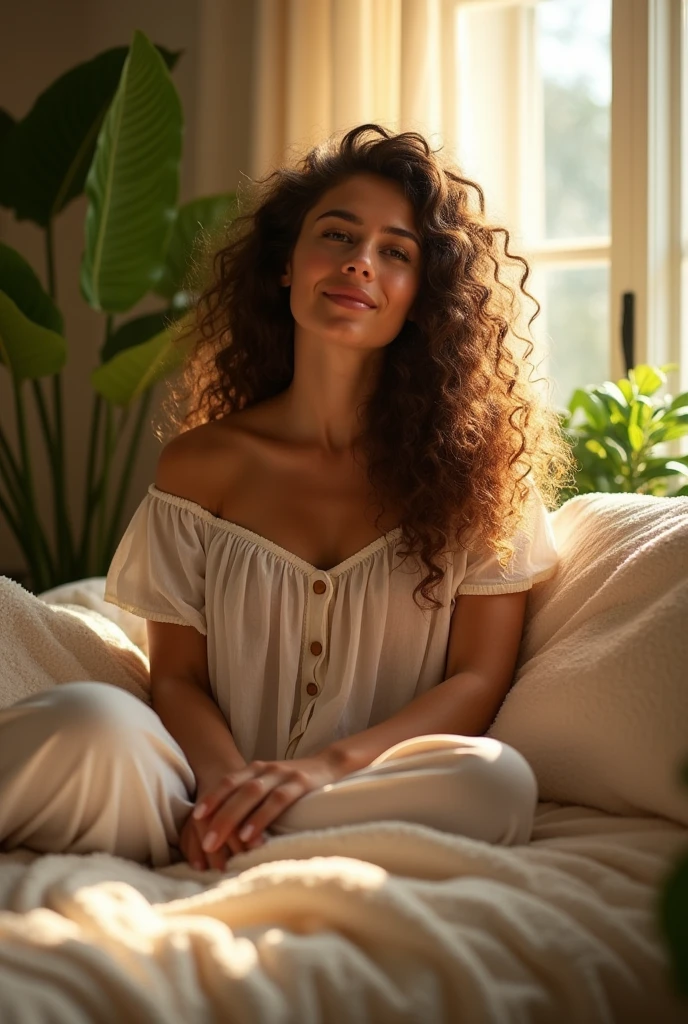 (photorealism:1.2), beautiful woman, sitting on bed, wearing loose off-shoulder top, pajama pants, long curly hair, indoors, soft lighting, plants in background, window with sunlight, cozy room, relaxed pose, realistic, intricate details, warm colors, by Greg Rutkowski, by Alphonse Mucha
