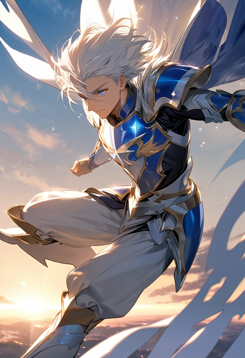 a man with long white hair flies gracefully. He wears shining armor that sparkles in the sunlight With a calm and powerful presence, he soars through the air, his eyes showing both strength and peace