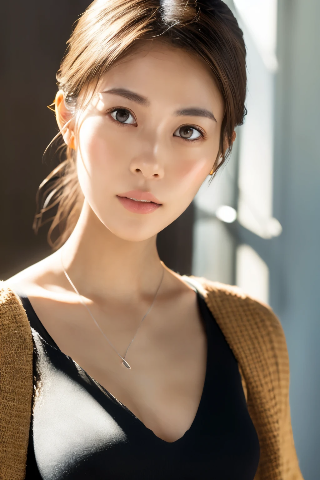 Skinny Japanese woman, Dressed, small head, cute face, detailed face, detailed eyes, (photographrealistic:1.4), (Hyper realistic:1.4), (Realistic:1.3), (Smoother lighting:1.05), (increase cinematic lighting quality:0.9), 32K, 1girl in, 30-years old, Realistic lighting, Backlighting, Light on Face, raytrace, (Brightening light:1.2), (Increase quality:1.4), (Top quality real texture skins:1.4), Black underwear, a necklace, Very thin waist, slender legs, (Increase body line mood:1.1), (Increase the beauty of skin texture:1.1)