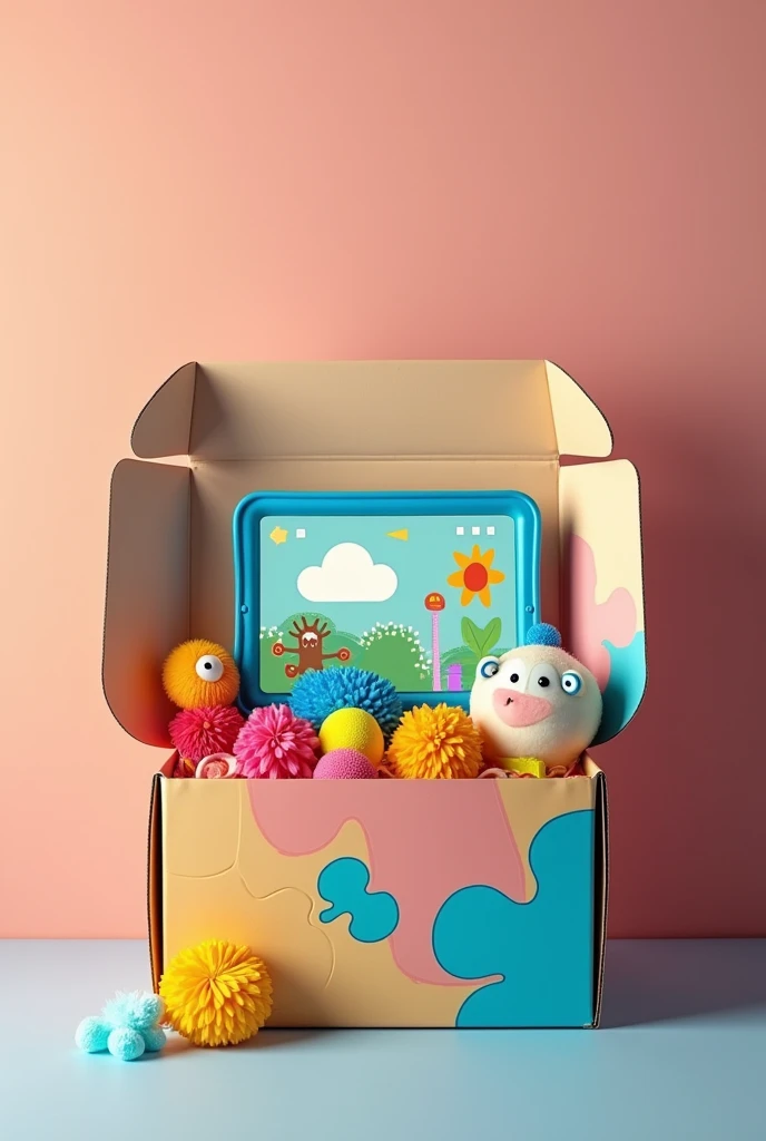 Create a box with sensory toys for autistic people , with puzzle print , with a tablet on the lid