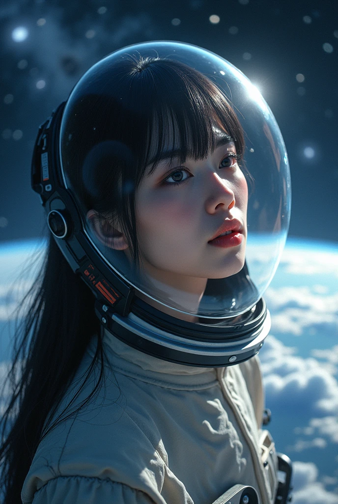 jaxsa、Adult woman with depression、Japanese、Black Hair、Brown eyes、Pink Lips、Spacesuit、whole body、universe space、Earth、Genuine、masterpiece、Highest quality、Light reflecting off the helmet、Water Planet