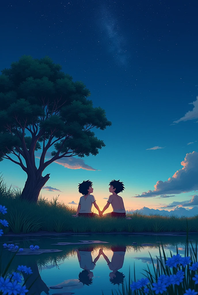 Two boys, they are only wearing short underwear, they are lying on the grass holding hands, watching the stars, they are in a field with many blue flowers, a tree where they are close, and on the side there is a lake, the image has to be in anime.