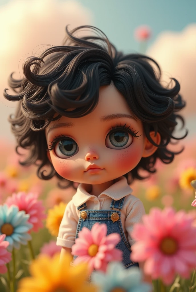 generate the image of a blythe doll with masculine features, skin fair, but brownish, curly black hair and bangs, long nose