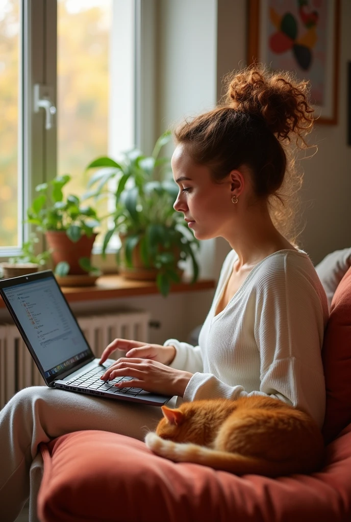 apartment, 30 year old girl sitting at a laptop, and next to him a ginger cat is sleeping in a ball