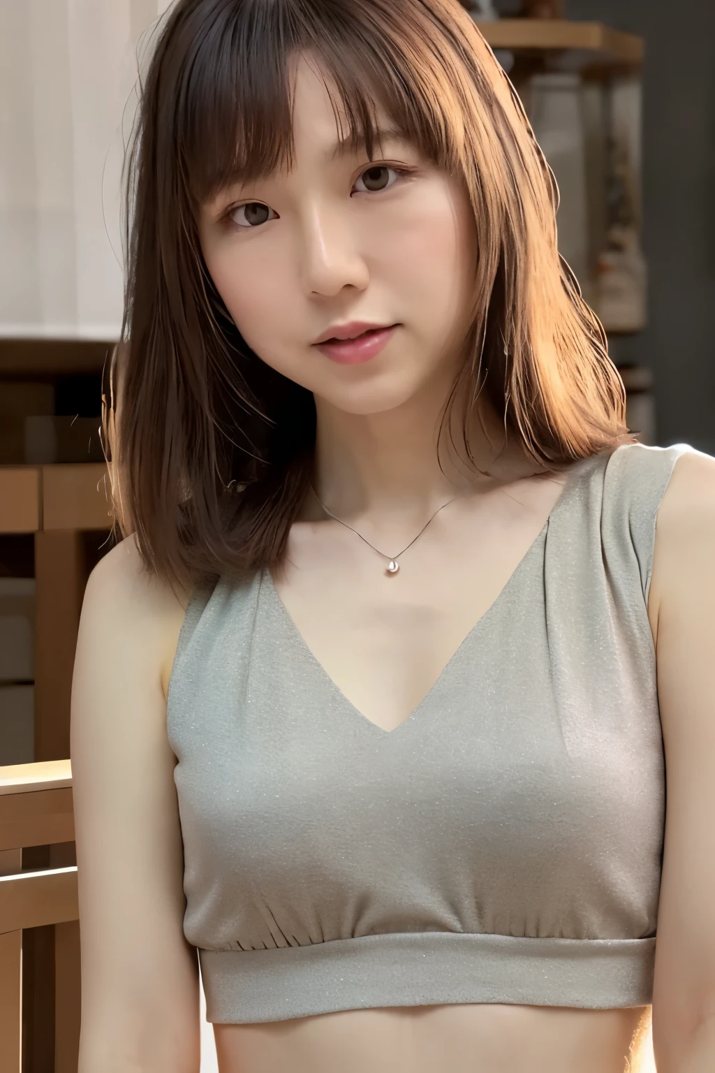 Skinny Japanese woman, Dressed, small head, cute face, detailed face, detailed eyes, (photographrealistic:1.4), (Hyper realistic:1.4), (Realistic:1.3), (Smoother lighting:1.05), (increase cinematic lighting quality:0.9), 32K, 1girl in, 30-years old, Realistic lighting, Backlighting, Light on Face, raytrace, (Brightening light:1.2), (Increase quality:1.4), (Top quality real texture skins:1.4), Black underwear, a necklace, Very thin waist, slender legs, (Increase body line mood:1.1), (Increase the beauty of skin texture:1.1)