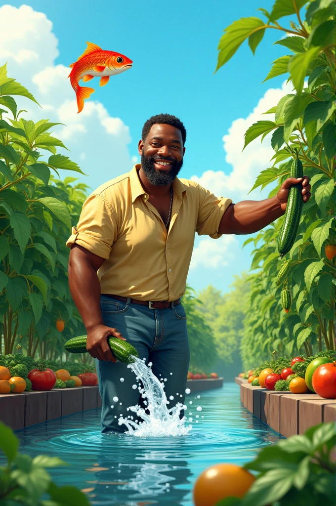 a black man is picking a cucumber and a fish is hitting him